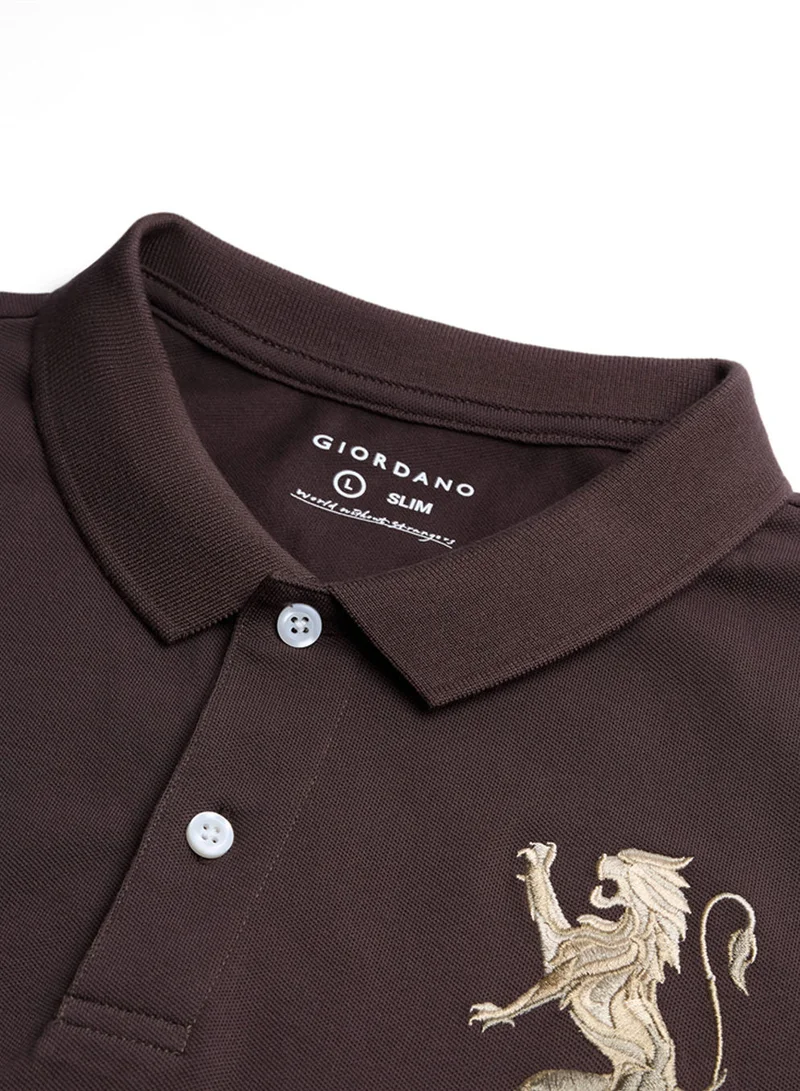 GIORDANO  Men’s Slim Fit 3D Lion Embroidery Lycra Pique Polo for Men | Best Price UAE